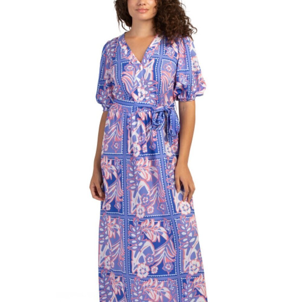Celina Moon Womens Blue Floral Short Sleeve Pockets Belted Maxi Dress Sz S New